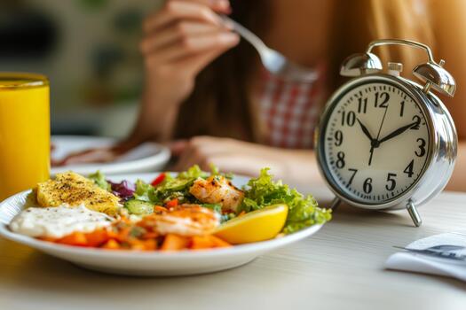 An alarm clock stands next to a nutritious meal, signaling the time for eating while following an intermittent fasting plan in a sunny kitchen photo