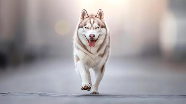 Siberian husky joyfully running along a serene city street, illuminated by soft evening light photo