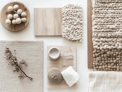 un cuidadosamente seleccionado moodboard caracteristicas natural materiales y texturas ese reflejar escandinavo diseño principios en un simplista diseño foto