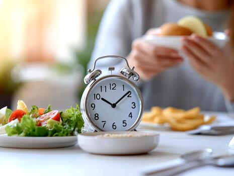 An alarm clock sits on a table near a meal, signaling the time to break a fast with healthy food options like salad and snacks photo