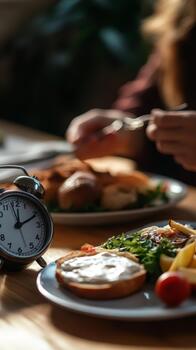 Close-up of an alarm clock signaling the end of a fasting period beside a nutritious meal being enjoyed at lunchtime photo