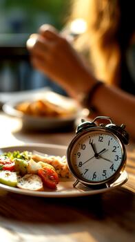 An alarm clock signals the time for eating, placed next to a healthy meal featuring fresh vegetables in a warm dining environment photo