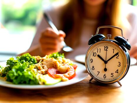 A close-up of an alarm clock beside a colorful salad as a person prepares to break intermittent fasting and enjoy a healthy meal photo