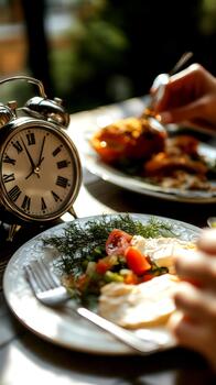 An alarm clock sits beside a plated meal while a hand reaches for fresh food, highlighting intermittent fasting and healthy eating habits photo
