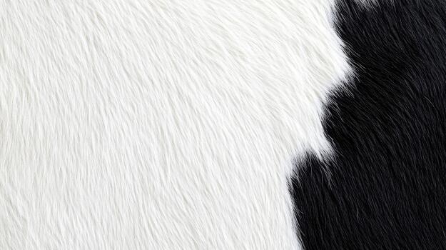 The intricate pattern of a cowhide displays contrasting black and white colors, highlighting the texture and softness of the fur photo
