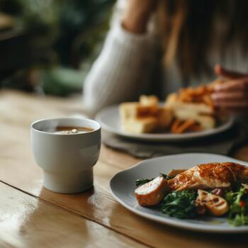 An alarm clock marks the moment for a meal during an intermittent fasting routine in a warm and inviting kitchen photo