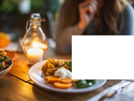An alarm clock sits on a table beside a plate of colorful food, highlighting the concept of meal timing in intermittent fasting photo