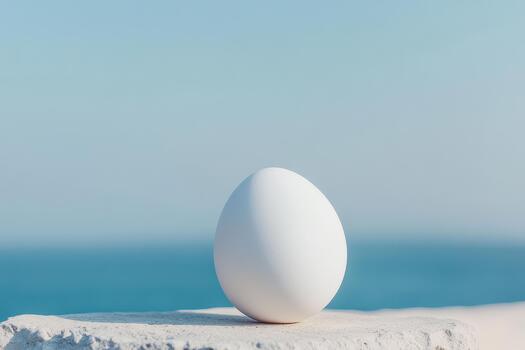 A white egg is placed on a stone surface, showcasing a clear blue sky and ocean in the background during a sunny day photo