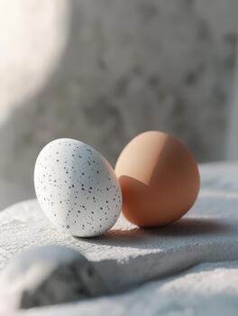 Close up of beautifully designed Easter eggs featuring smooth surfaces and subtle colors, set against a soft and neutral background photo