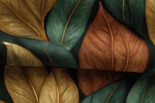 A stunning arrangement of overlapping leaves in vibrant hues of green, orange, and gold creates a rich botanical pattern full of life and texture photo
