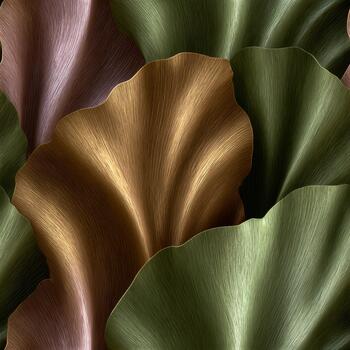 Intricate patterns flow in a vibrant display of layered leaf-inspired designs, showcasing the beauty of nature with rich greens, deep browns, and warm golds photo