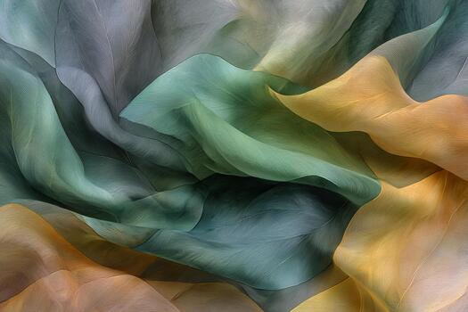 Delicate fabric features a seamless design of tropical leaves in soothing greens and warm yellows, perfect for adding a serene touch to any space photo