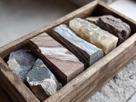 A display of stone samples arranged in a wooden tray highlights their unique patterns and colors photo
