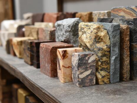 Samples of different stones are arranged neatly on a wooden surface, showcasing diverse patterns and colors photo