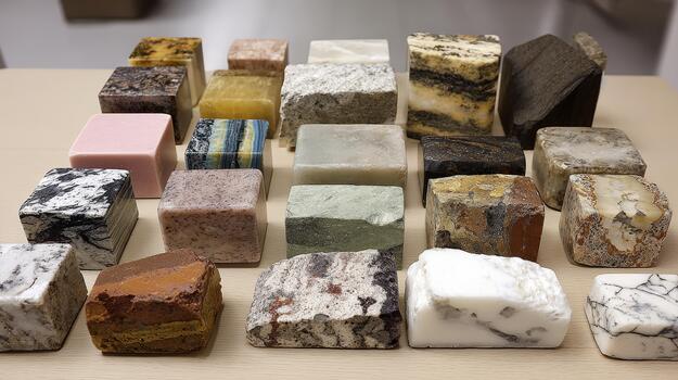 Display features numerous stone samples with diverse colors, patterns, and textures on a simple table setting photo