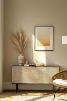 un aparador con un pequeño enmarcado póster, un decorativo florero, y un silla crea un sereno atmósfera en un vacío habitación con calentar Encendiendo foto