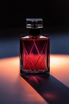 A beautifully crafted perfume bottle is showcased, featuring intricate patterns and deep red tones illuminated by soft lighting photo