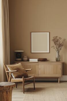 A comfortable living space showcases a sideboard with an empty poster frame, soft textiles, and subtle decor elements in warm hues photo