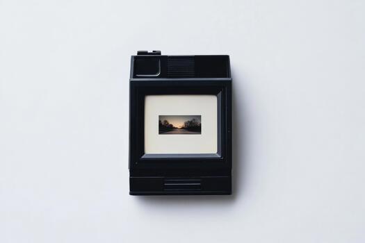 Mockup displays a Polaroid frame featuring a serene landscape with a sunset, emphasizing a tranquil moment during twilight photo