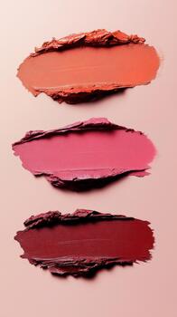 Three bold lipstick smears in orange, pink, and deep red lie horizontally on a soft pink surface, showcasing color and texture photo