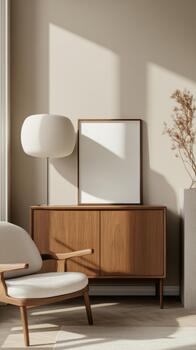 un pequeño, vacío póster marco en un aparador complementa moderno mueble en un brillante, despejado vivo habitación lleno con natural ligero foto