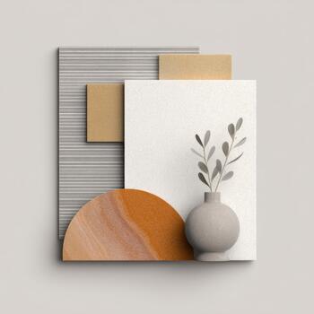 Creative moodboard showcases neutral colors, geometric shapes, and a minimalist vase with greenery for design ideas photo