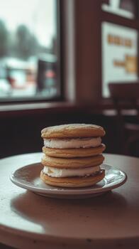 A stack of classic ice cream cookie sandwiches rests on a plate in a warm cafe, with rain visible through the window, creating a cozy atmosphere photo