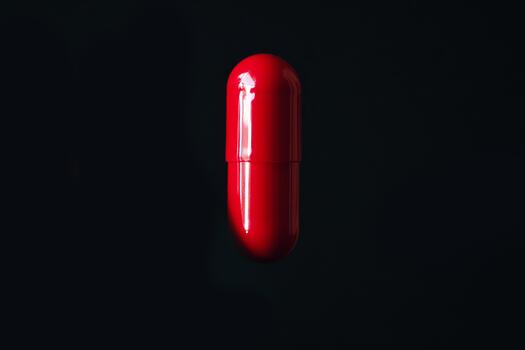 A glossy red capsule is positioned centrally against a dark backdrop, showcasing its smooth texture and distinct form photo