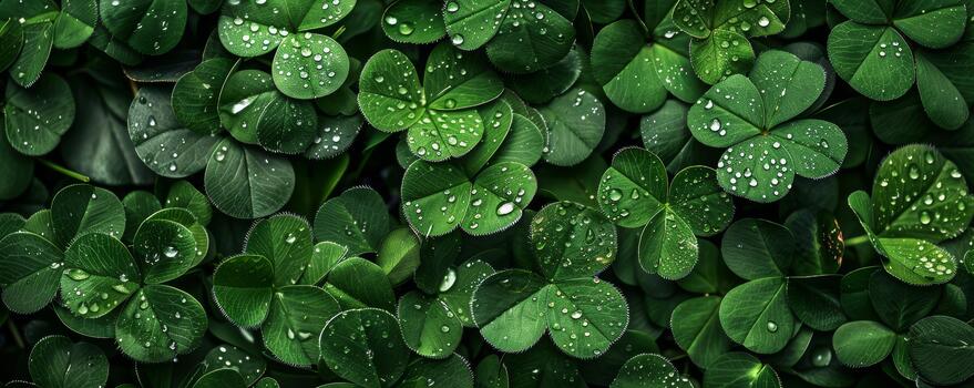 un denso racimo de verde tréboles cubre el suelo, cada hoja reflejando brillante gotas desde último de la noche lluvia, creando un sereno y Fresco atmósfera foto
