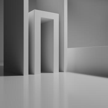 Empty building structure with geometric structure, 3d rendering. White abstract geometric construction, empty indoor architecture scene. Minimal abstract architectural 3D render with soft light, 3D photo