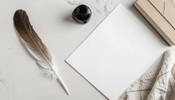 Top down view of a feather quill, ink bottle, notebook, and paper on a desk surface backdrop photo
