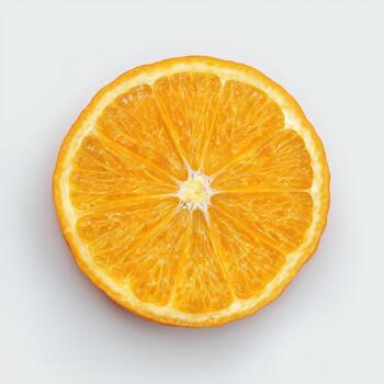 Closeup view of a fresh orange slice with visible segments and a textured rind, isolated on a clean white background photo