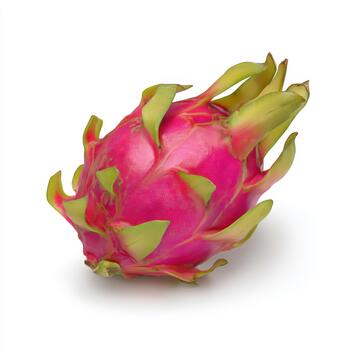 Closeup view of a single, bright pink dragon fruit with prominent green scales, isolated on a white background, ready for consumption photo