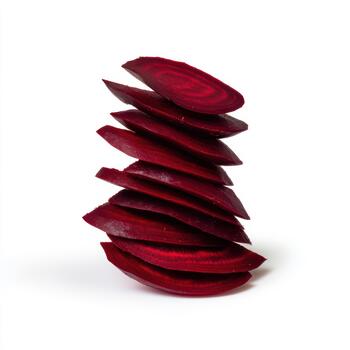 A stack of thinly sliced beetroot arranged in a spiral pattern, isolated on a white background photo