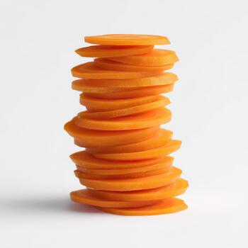 A tall stack of thinly sliced fresh carrot rounds, isolated on white background, highlighting the bright orange hue and circular patterns photo