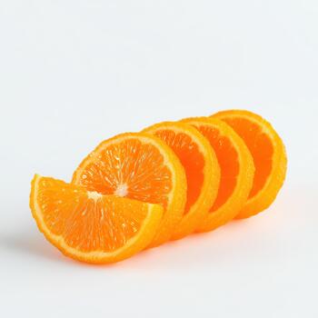 Several slices of a juicy orange arranged in a row, isolated on a white background, displaying their vibrant pulp and segments photo