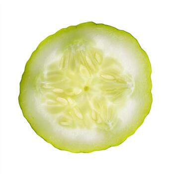 A bright green slice of cucumber isolated on a pure white background, revealing its refreshing texture and delicate seed pattern within photo