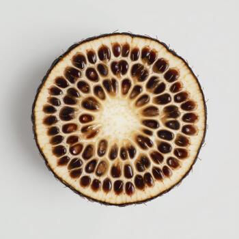 Top view of a sliced black mulberry showing its intricate seed pattern and texture isolated on white background photo