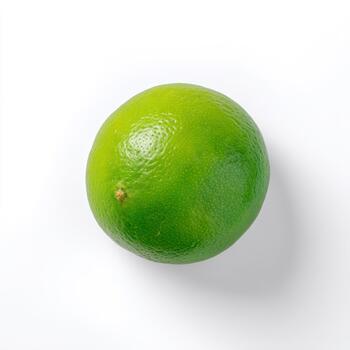 A single, bright green lime fruit isolated on white background, emphasizing its smooth, slightly bumpy texture photo