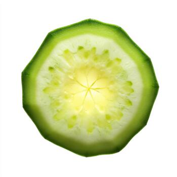Closeup view of a sliced cucumber showing its internal structure and green rind, isolated on white background photo