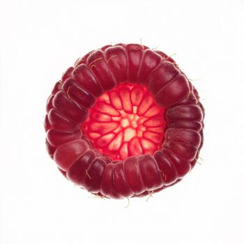 Closeup macro shot of a single ripe raspberry, isolated on white background, showcasing its intricate texture and vibrant red color photo