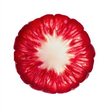 Topdown view of a single, bright red raspberry cut in half, isolated on white background, highlighting its core and segmented flesh photo