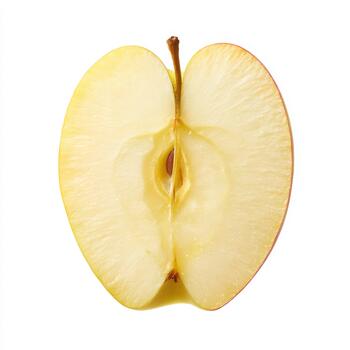 A single, ripe, red apple cut in half, revealing its juicy flesh and seeds, isolated on white background photo