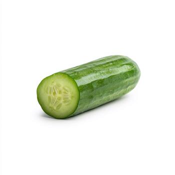 A whole cucumber with a slice cut from its end, displaying the internal seed pattern, isolated on a white background photo