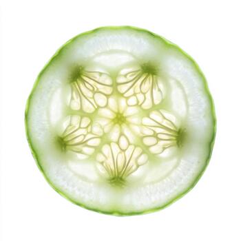 Closeup macro shot of a translucent cucumber slice showing its intricate seed pattern and green rind, isolated on white background photo