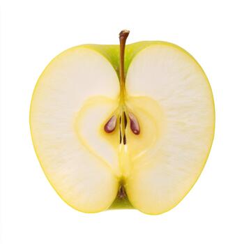 A single, ripe, green apple cut in half, revealing its crisp flesh and seeds, isolated on white background photo