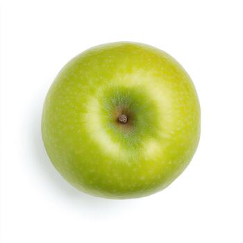 Topdown view of a bright green apple with a visible stem, isolated on a pure white background, emphasizing its round shape and texture photo