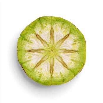 Top view of a sliced okra pod with a distinct star pattern and visible seeds, isolated on white background photo