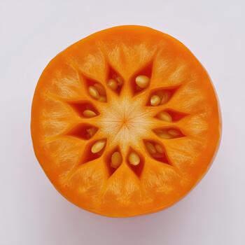 Closeup view of a sliced persimmon showing its starshaped pattern and seeds, isolated on white background photo