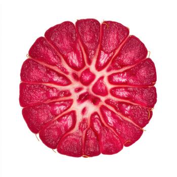 Crosssection of a ripe raspberry revealing its intricate internal structure and vibrant red pulp, isolated on white photo